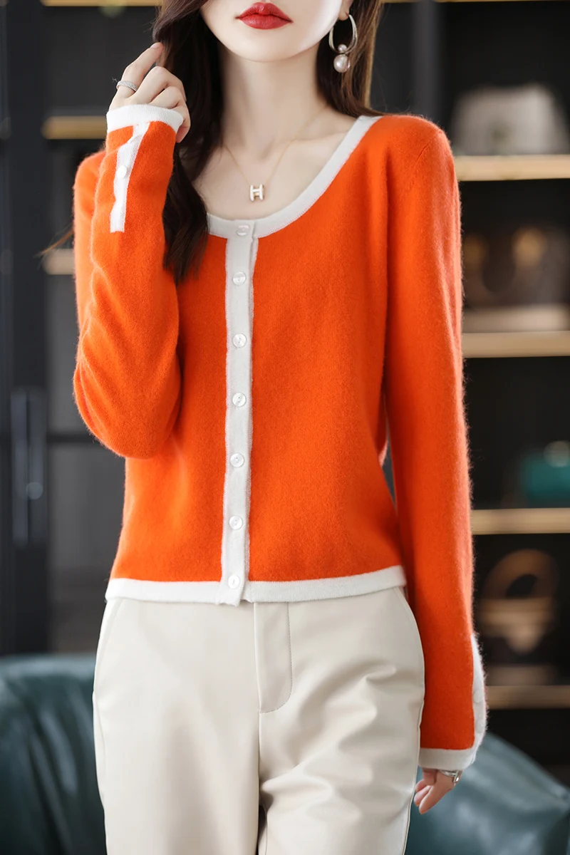 

Fashion 100% Merino Wool Button-Down Fashion Solid Color Cardigan Cashmere Soft Solid Long Sleeve Basic Clothing Tops Leisure