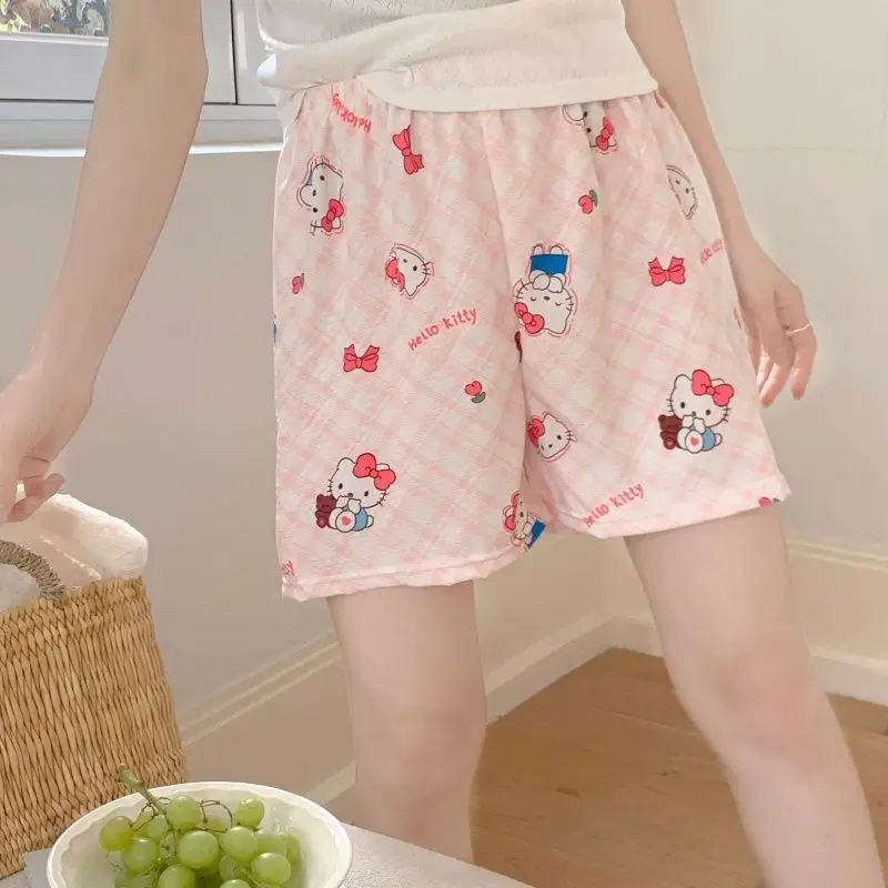 

Женские летние шорты Hello Kitty из пушистого хлопка свободного кроя с милым мультяшным принтом, удобные для дома и отдыха на природе