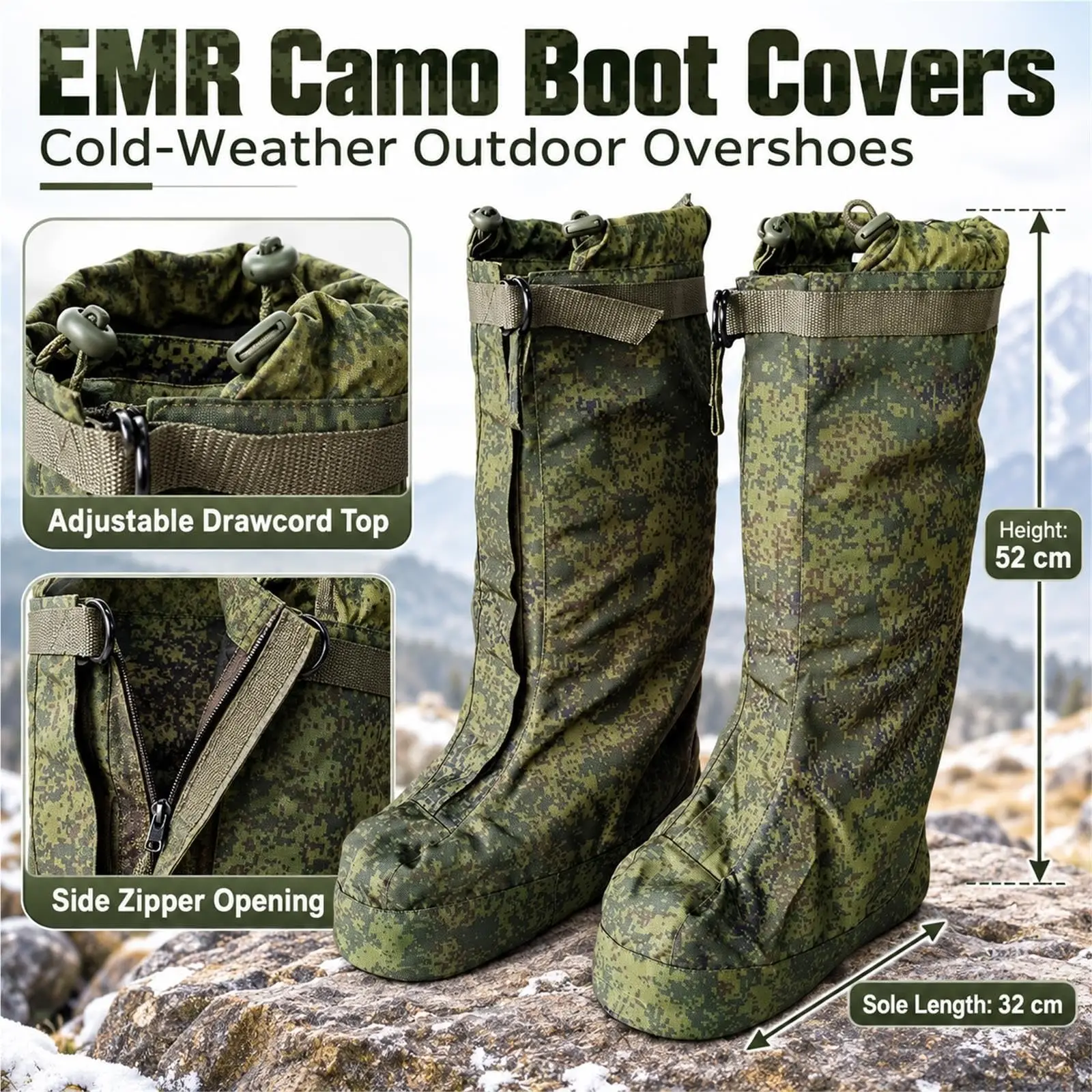 EMR Camo Outdoor Overboot Covers, 52cm Tall Gaiters with Full-Length Zipper, Adjustable Drawcord Top, 32cm Sole, 100% Polyester