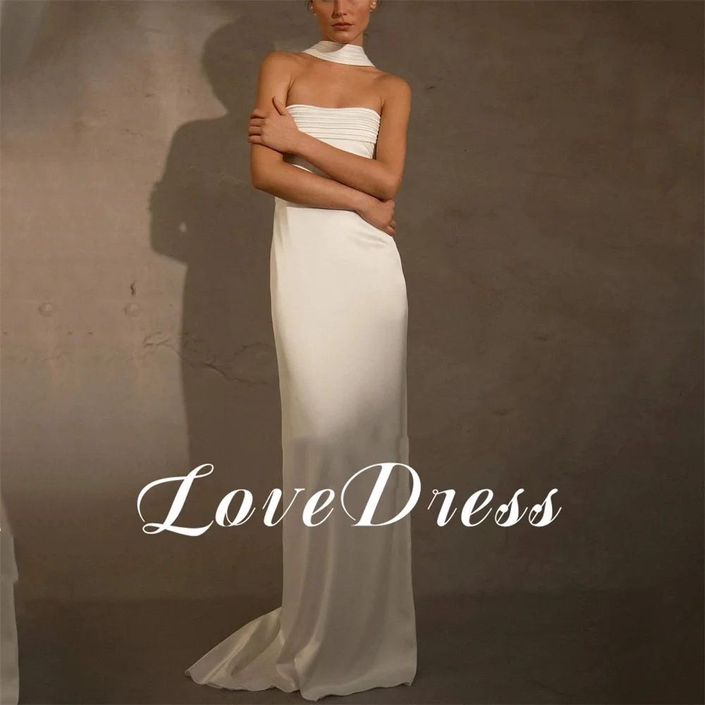 

Love Simple Pleated Strapless Stain Sheath Wedding Dresses Elegant Sleeveless Backless Floor Length Bridal Gown Vestido De Novia