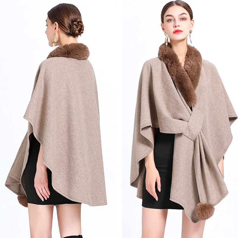 Women Ponchos Coat Elegant Casual Faux Fur Collar Shawl Cloak Bohemian Shawl Autumn Winter Oversize Sleeveless Fashion Capes