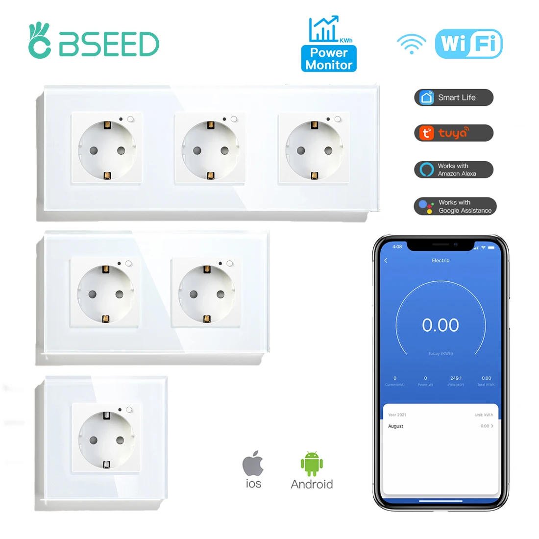 BSEED WIFI Single Power Monitor EU Sockets Double Smart Google Alexa Intelligent Wall Sockets Triple App Sockets On/Off Switches