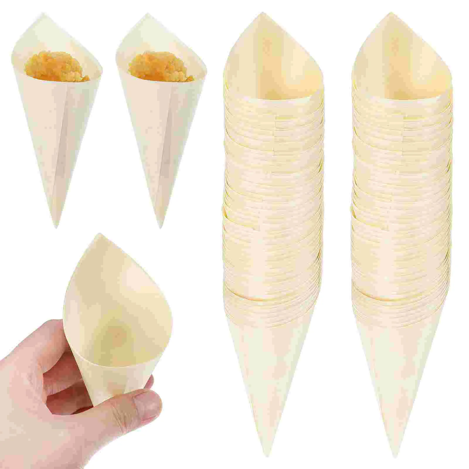 

100 Pcs Natural Veneer Roll Wooden Ice Cream Cones Food Tasting Cones Disposable Dessert Popcorn Holders Catering Party Supplies