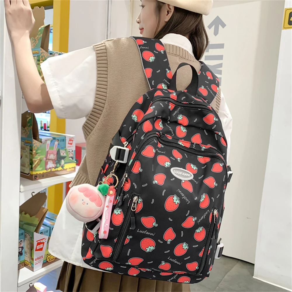 Girl Strawberry Floral Travel Book Backpack Women Trendy Print School Bag Female Laptop College Backpack Fashion Lady Kawaii Bag