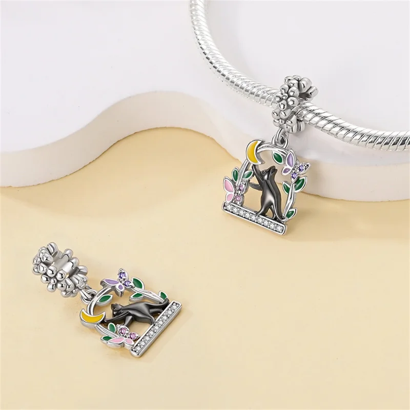 Colgante de plata 925 con forma de luna, Gato y garra, cuentas de animales para pulsera Pandora Original, joyería artesanal, regalo exquisito