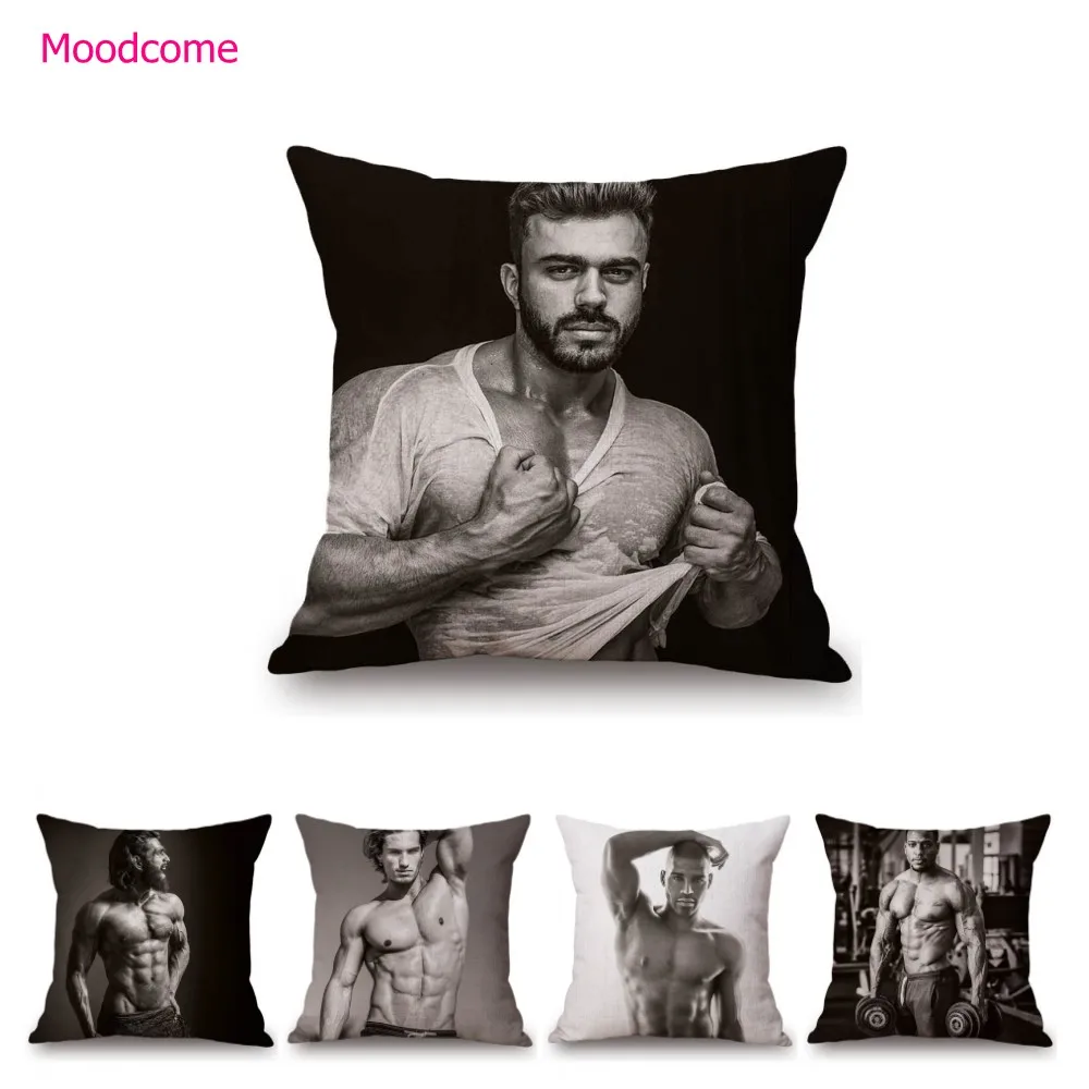 Elegant Sexy Handsome Male Muscled Model Black Grey Tone Calendar Man Shirtless Nude Art Decor Pillow Case Sofa Cushion Cover