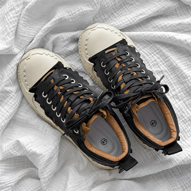 

Fashion Vintage Serrated Edge Toe Cap Leather Sneakers Men Non Slip Rubber Sole Retro Casual Skateboard Shoes New Trend Footwear