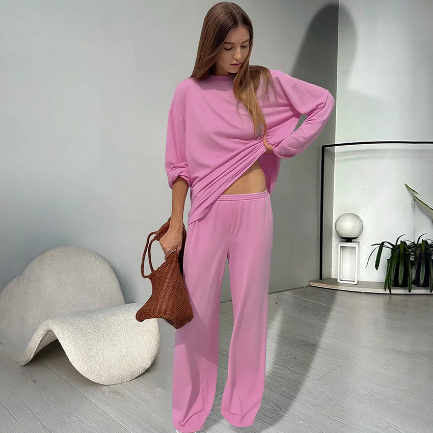 

Hiloc Casual Pink Knit Pants Suits Autumn Backless Long Sleeve T Shirts With Elastic Waist Trousers 2 Piece Sets Home O Neck Top
