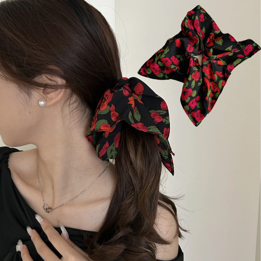 

Large Ruffle Scrunchies Korean Style Square Hair Tie Rose Pattern Luxury Satin Hair Bands For Women French Bow Elegant No Slip