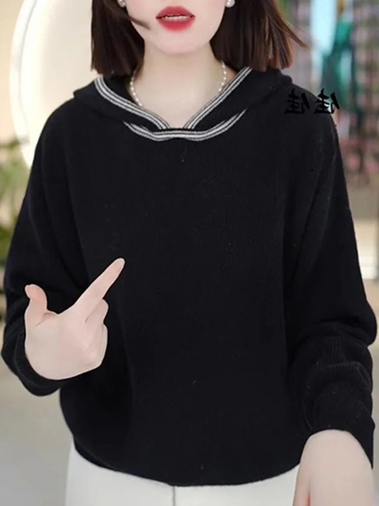 ファッショナブルな怠惰なスタイルのフード付きニットスウェットシャツ秋多用途痩身長袖カジュアルセーター女性の快適なニットウェア