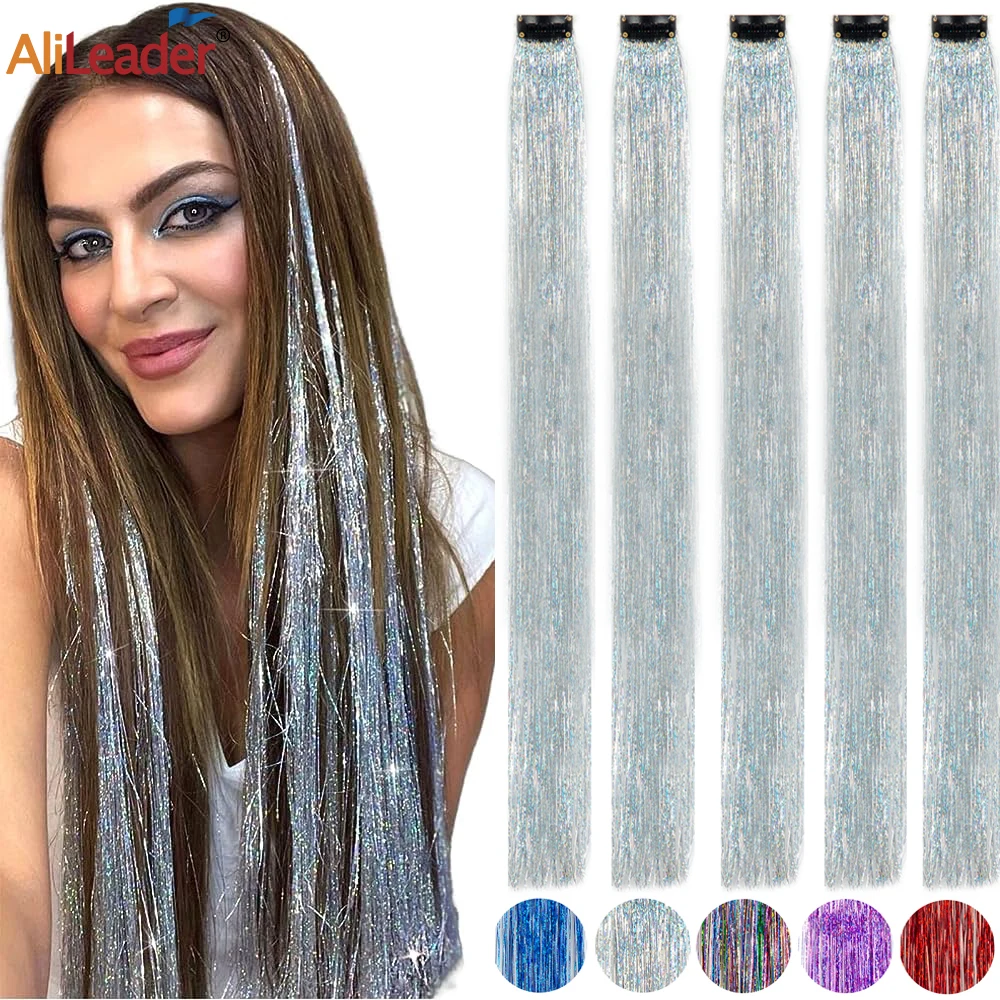 Clip de oropel de color arcoíris azul plateado para mujer, extensiones de cabello con purpurina de 19,5 pulgadas, 5 piezas