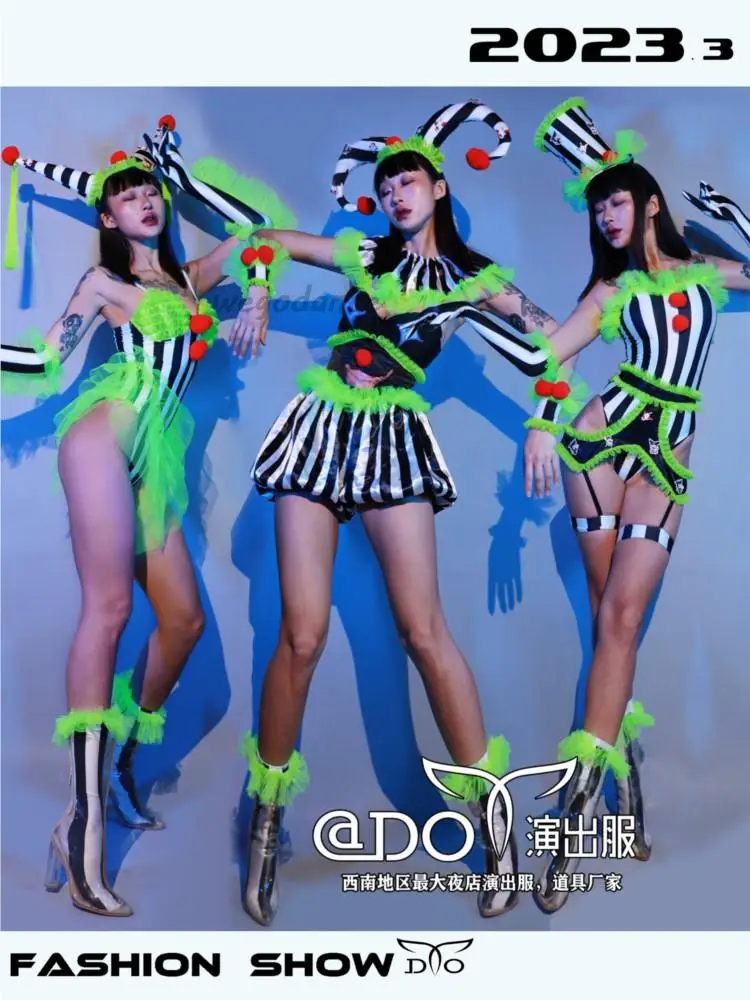 

New Women Bar Nightclub Fluorescent Cute Clown Girl Group GOGO Performance Uniform Costume