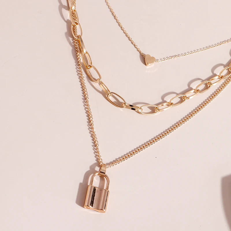 Aihua Vintage Boho Gold Farbe Mehrschichtige Kette Winzige Herz Schloss Anhänger Halsketten für Frauen Halskette Party Schmuck Geschenke – Detail 5