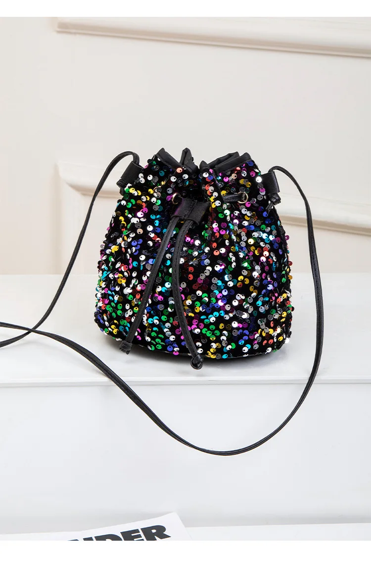 Neue Modische Vielseitige Handtasche mit Kordelzug, Schicke Mehrfarbige Pailletten-Schultertasche mit Großer Kapazität, Geldbörse und Umhängetasche – Detail 28