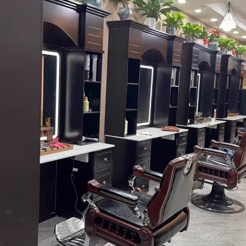 Coloring Men's Oil Head LED Hair Modern Vintage Salon Barber Shop Wooden Perm Hair Styling Barber Mirror