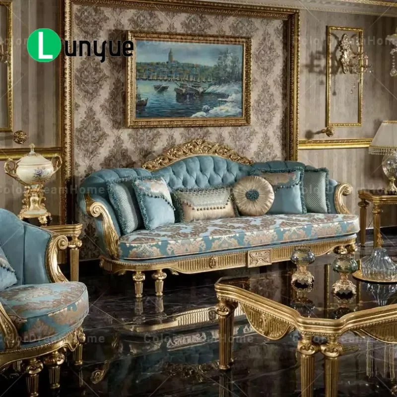 Custom Turkish Living Room Furniture Set Luxury Wooden Sofa and Coffee Table Antique Style Home Decor for Modern Interior