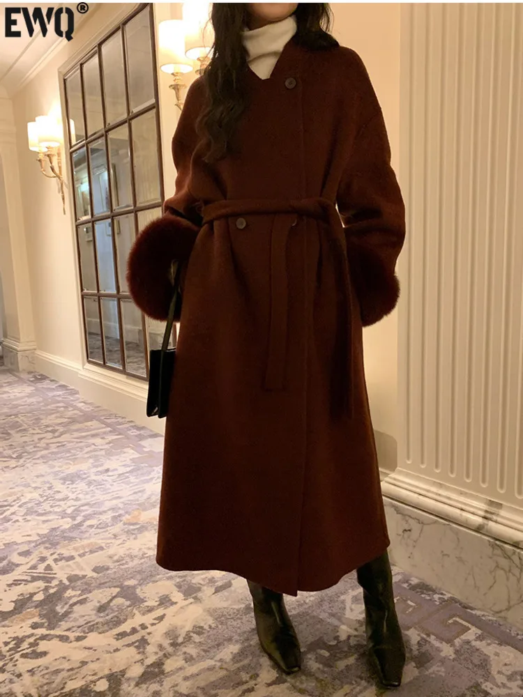 [EWQ] Elegant Burgundy overcoats double-faced cashmere coats long sleeve True fox fur Brown Woolen Coat Overcoat autumn spring