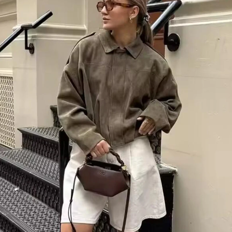 TFMLN Podzimní dámská módní bomberová bunda ležérní měkká lucerna s dlouhým rukávem nadměrná bunda dámská krátká zipová svrchní prádlo - náhled 3