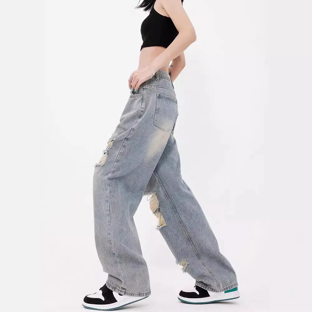 Denim Wide Leg Pants Women Floor Length Hole Jeans 2025 Streetwear Vintage Washed High Waist Distressed Straight Trousers
