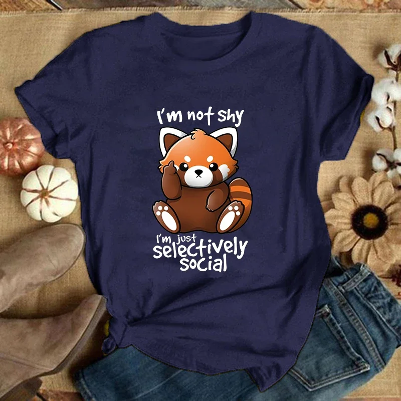 T-Shirts Women Short Sleeve Funny Round Neck Tee Shirt (Premium T-shirt)Panda I'M Not Shy I'M Just Selectively Social Printed