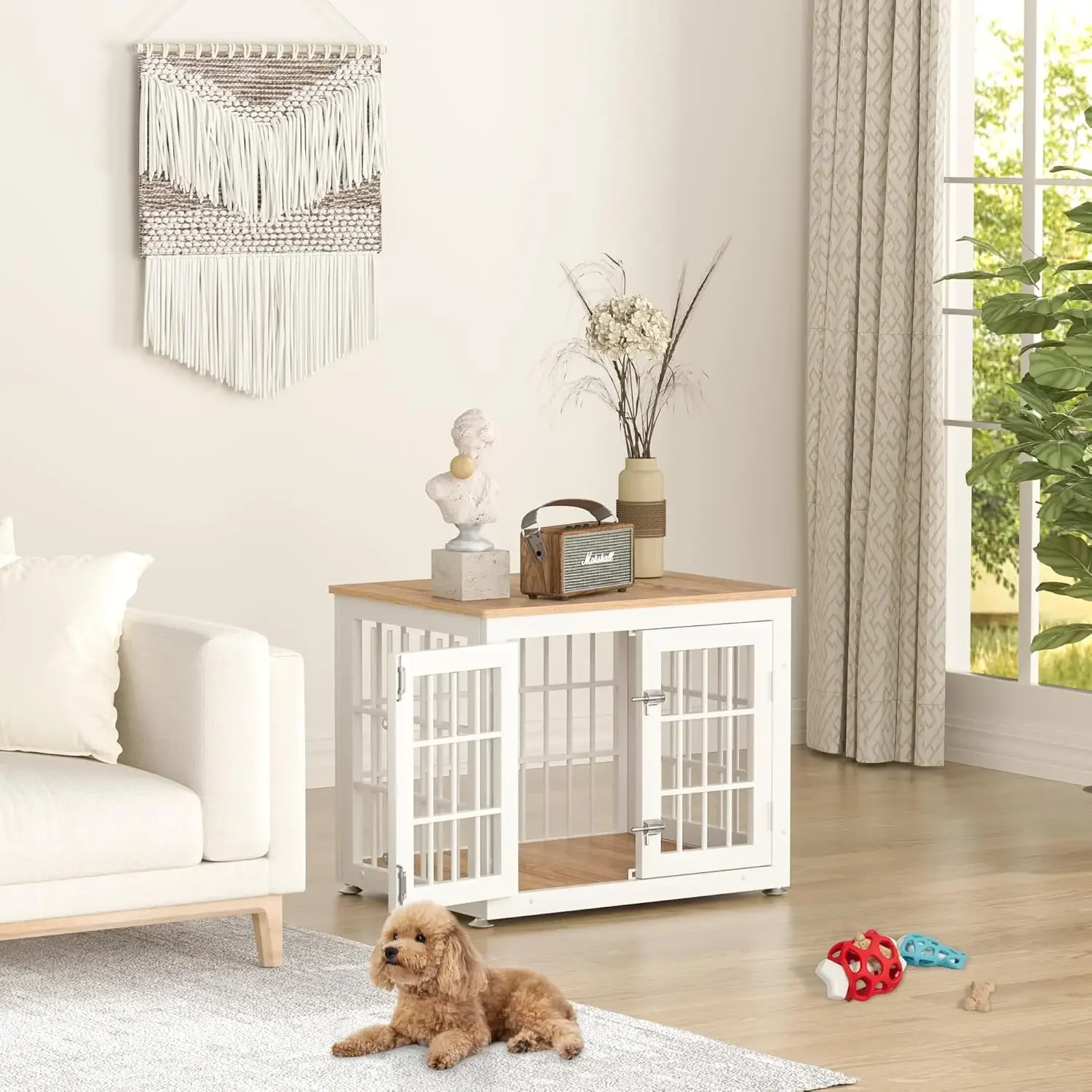 Heavy Duty Dog Crate Furniture for Small Dogs, Decorative Pet House End Table, Wooden Cage Kennel Furniture, White and Natural