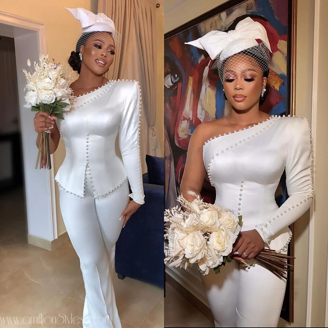 Aso Ebie Jumpsuit trouwjurken 2025, één schouder zwarte meisjes bruidsjurk met broekpak, parels, chique Robe De Mariée