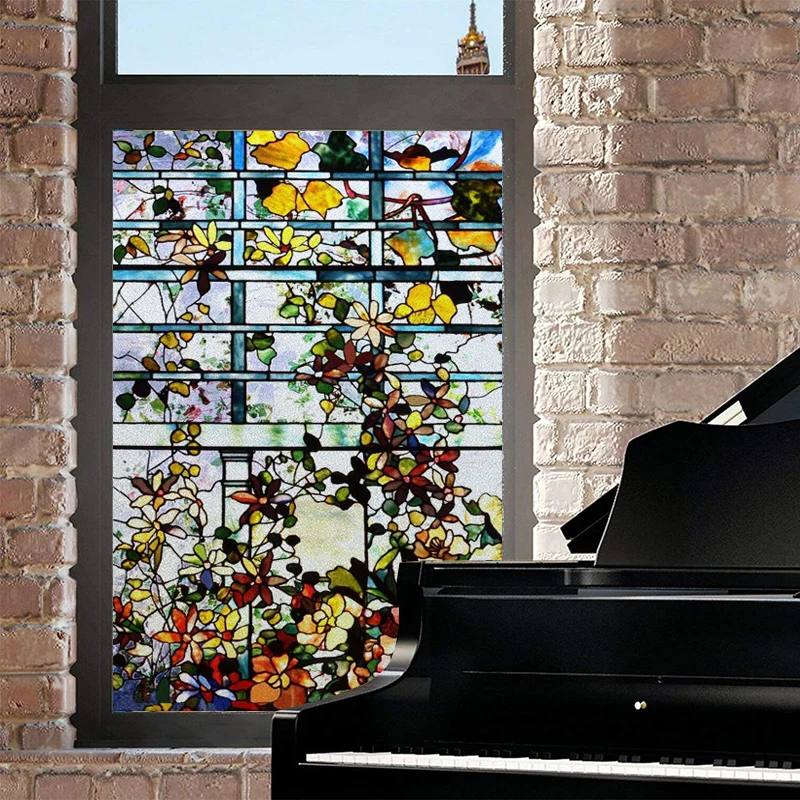 Privacy Window Film Static Cling Frosted Glass Film Vintage Stained Glass Window Stickers Custom Size for Bathroom Office Door