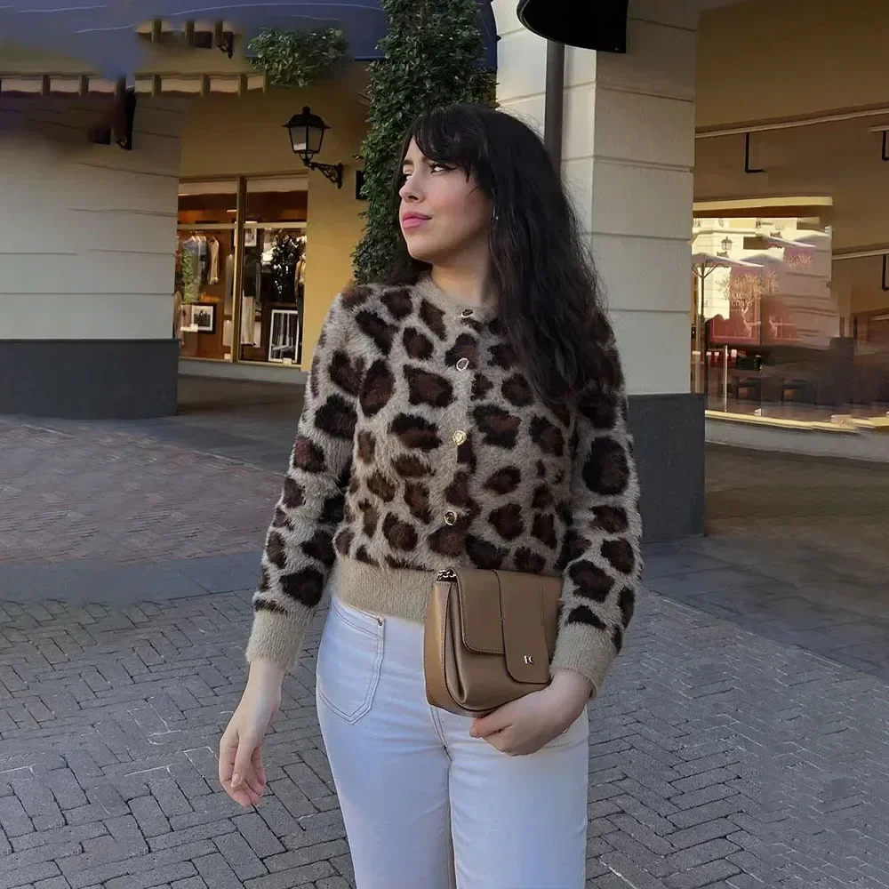 Cárdigan de punto de leopardo para mujer, suéter de lujo, prendas de vestir exteriores, chaquetas Bomber de manga larga Vintage, 2024