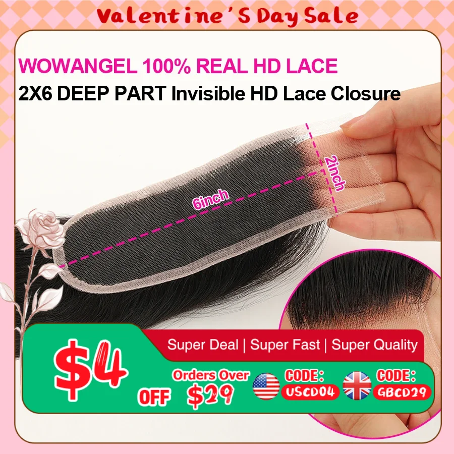 WOWANGEL 2x6 Deep Parting HD Lace Closure Frontal Only Melt Skin Straight Hair Kim K Closure Pre Plucked Virgin Hair For Woman