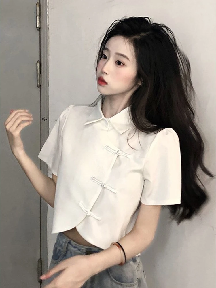 Chinese Style Shirts Women Modern Crop Tops Pure Summer All-match Sweet Girl Hot Sale Irregular Fashion Young Lady Elegant Thin