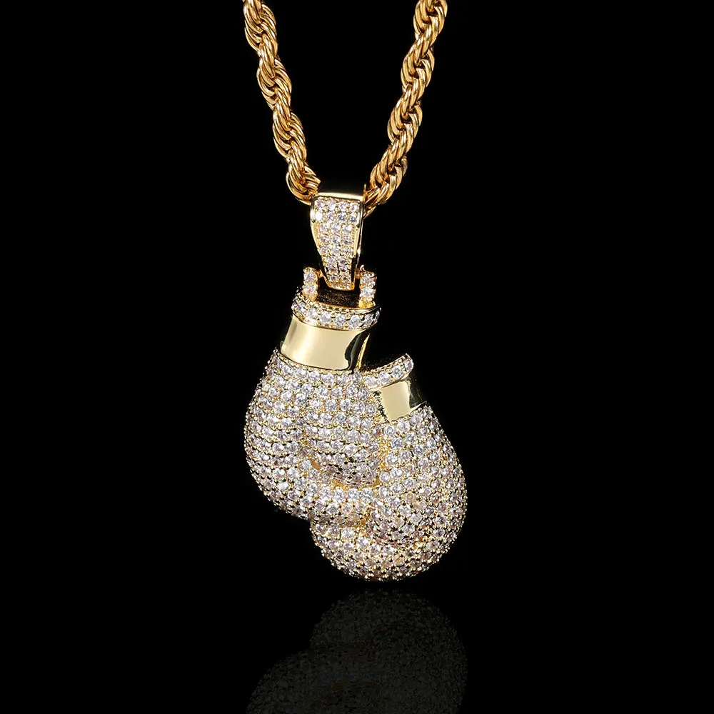 

Rapper Rock Hip Hop Mens Boxing Gloves Bling Brass Zirconia Iced Out Pendant Necklace