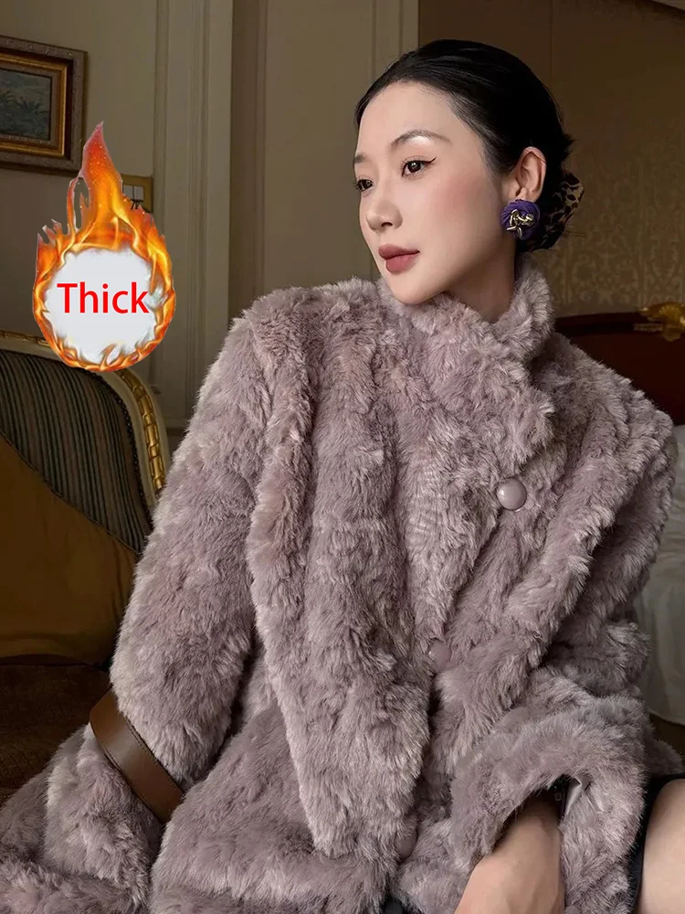 

Winter Retro Faux Fur Coat Women Elegant Long Sleeve Stand Collar Faux Fox Jacket Thick Warm Vintage Single Breasted Casual Tops