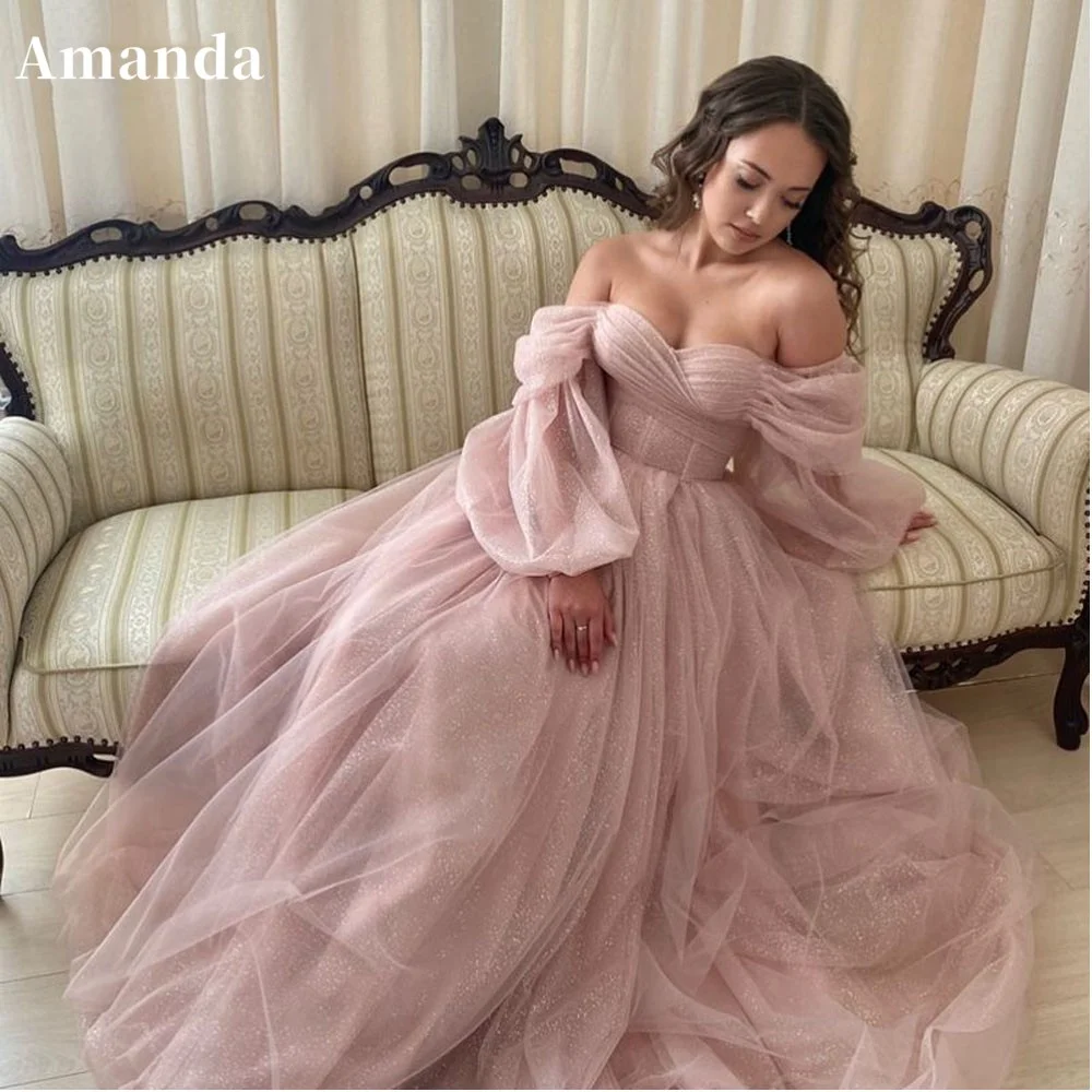 

Amanda Sexy Puffy Sleeve A-line Prom Dress 2023 Shiny Off Shoulder Vestidos De Noche Gliiter Puffy Pink فساتين مناسبة رسمية