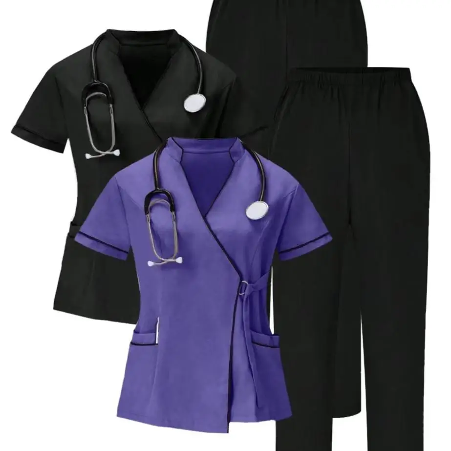 

(4-piece set) Women's sports set, matte stretch nurse uniform, workwear, breathable medical top, color-block casual pockets