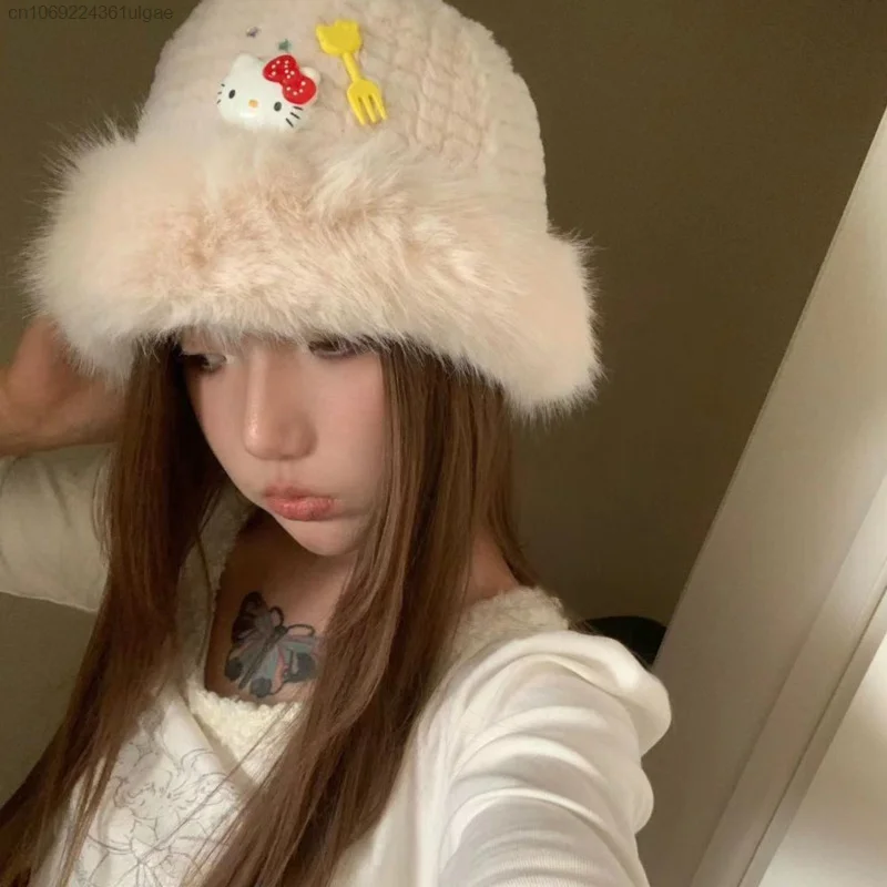 Sanrio Hello Kitty Autumn Winter New Luxury Design Hats Cartoon Plush Fashion Caps Women Accessories Y2k Lovely Hat Headwear