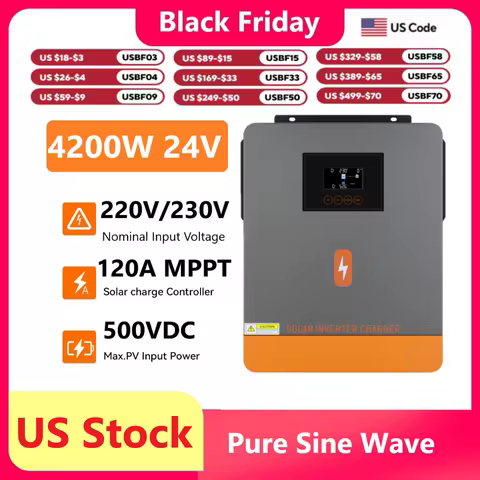 POWMR 6200W 48V Hybrid Solar Inverter and 4200W 24V Off Grid Pure Sine Wave Inverter with MPPT 120A Solar Charge Controller