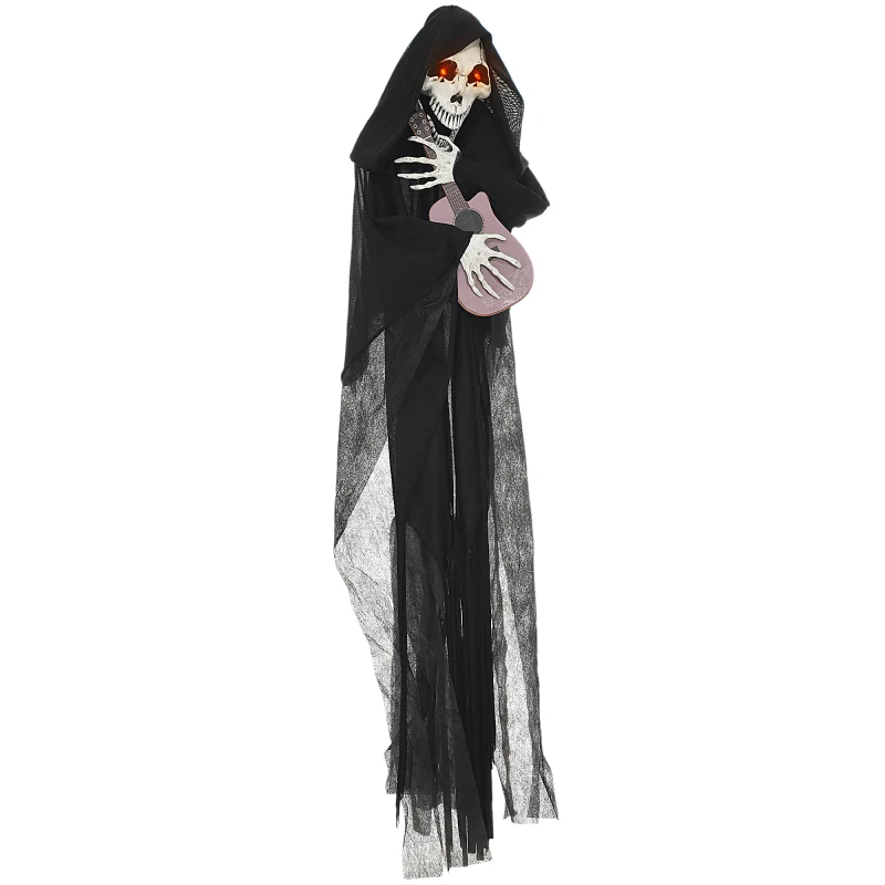 HOMCOM 4.3' Decorazione per Halloween all'aperto Gioco di chitarra animatronico Grim Reaper, oggetto animato attivato dal suono e dal movimento con L