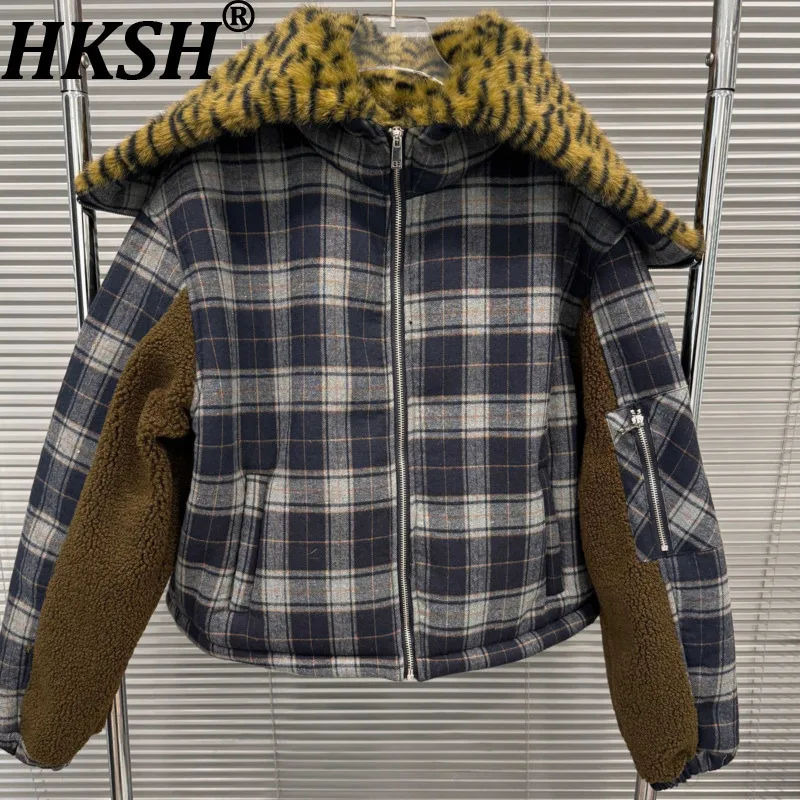 

HKSH осень-зима новое женское теплое пальто в клетку лоскутное меховой воротник с принтом на молнии уличная трендовая короткая утепленная куртка HK16356