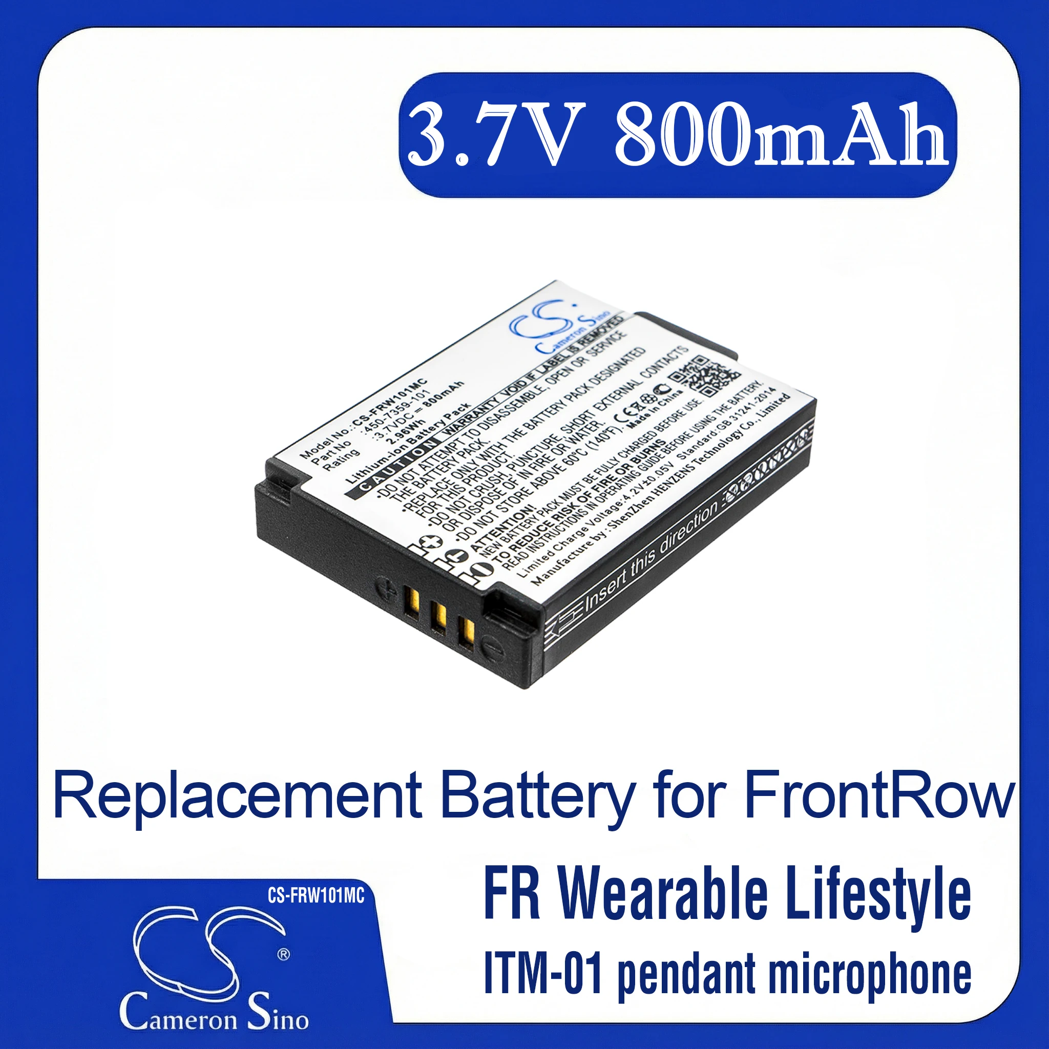 Cameron Sino Replacement Battery for FrontRow  FR Wearable Lifestyle, ITM-01 pendant microphone,, Fits P/N 450-7359-101,6410-000
