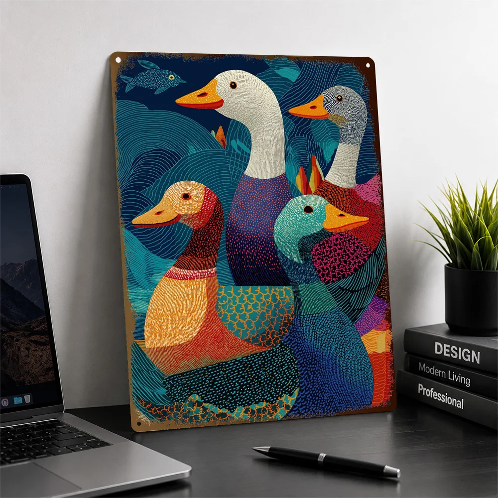 Colorful Ducks In A Textured Landscape Printed Poster Customized Aluminum Metal Sign Wildlife Scene Wall Art Fits Living Rooms