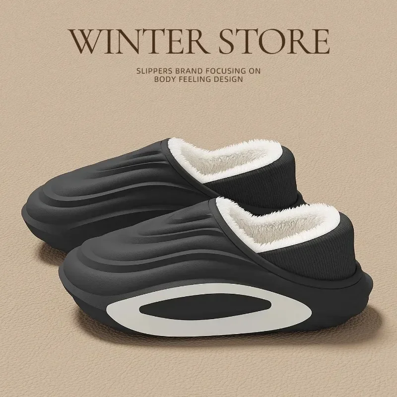 Men Winter Waterproof House Slippers Plush Warm Fleece Lined Thick Sole Anti Slip Indoor Home Outdoor Comfort Casual Women Shoes