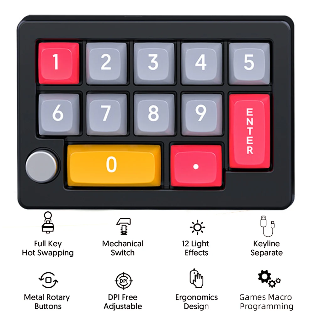 

13 Key Wired Macro Programmable Mechanical Gaming Keyboard Fully Hot Swappable Programming KeyPad 12 RGB Lighting Effects