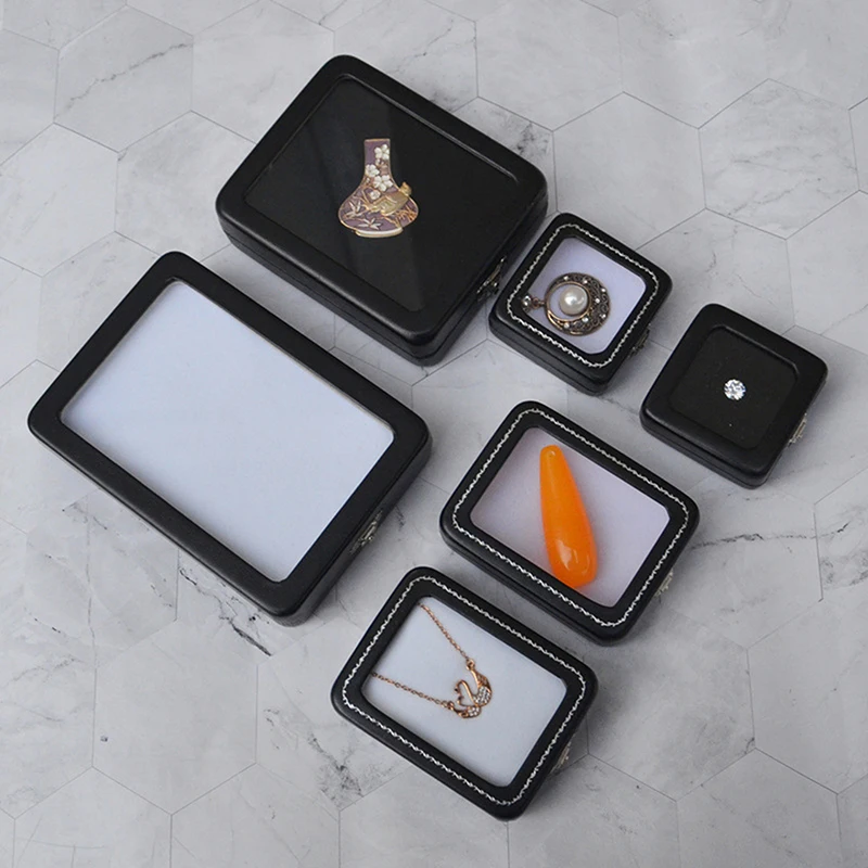 

Z. Black PU Leatherette Bare Stone Box With Buckle Gem Rhinestone Jewelry Storage Naked Container Transparent Window Display
