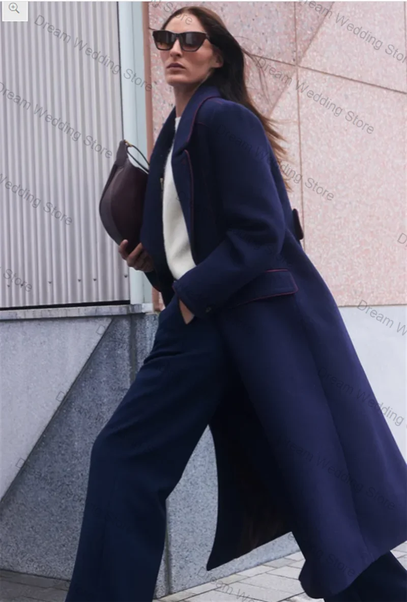 الكشمير الأزرق الداكن المرأة البدلة 1 قطعة السترة الطويلة الصوف حفلة موسيقية فستان مكتب رسمي سترة حريمي مخصص ضيف الزفاف البدلات الرسمية معطف #1