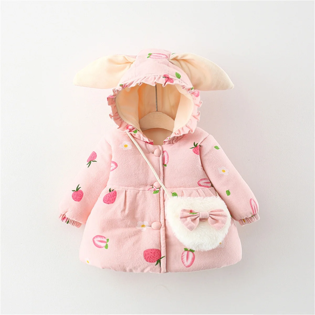 2 Pieces/Set Of Winter Girls' Jackets Bags Cartoon Strawberry Prints Single Breasted Rabbit Ears Hooded Cotton Clothes