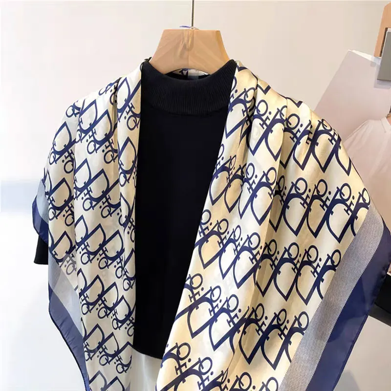 Women's Faux Silk Scarf 70 Spring Summer Autumn Fashion Printed Letter Scrimple on Tote with Matching Small Square Shawl for Mom