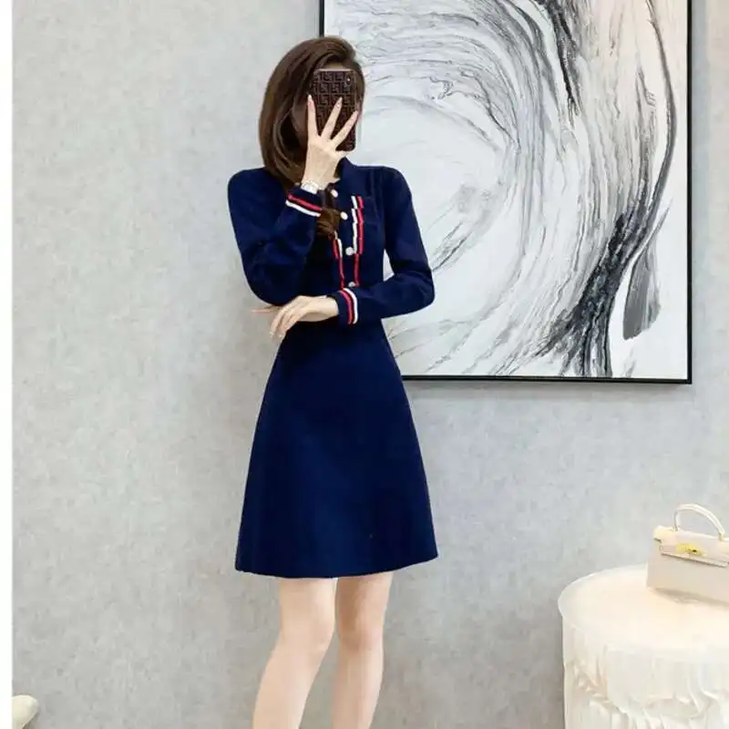 #0949 Navy Blue Sweater Dress Women Polo Collar Buttons Office Knitwear Mini Dress Female Slim Sexy A-line Short Knitted Autumn