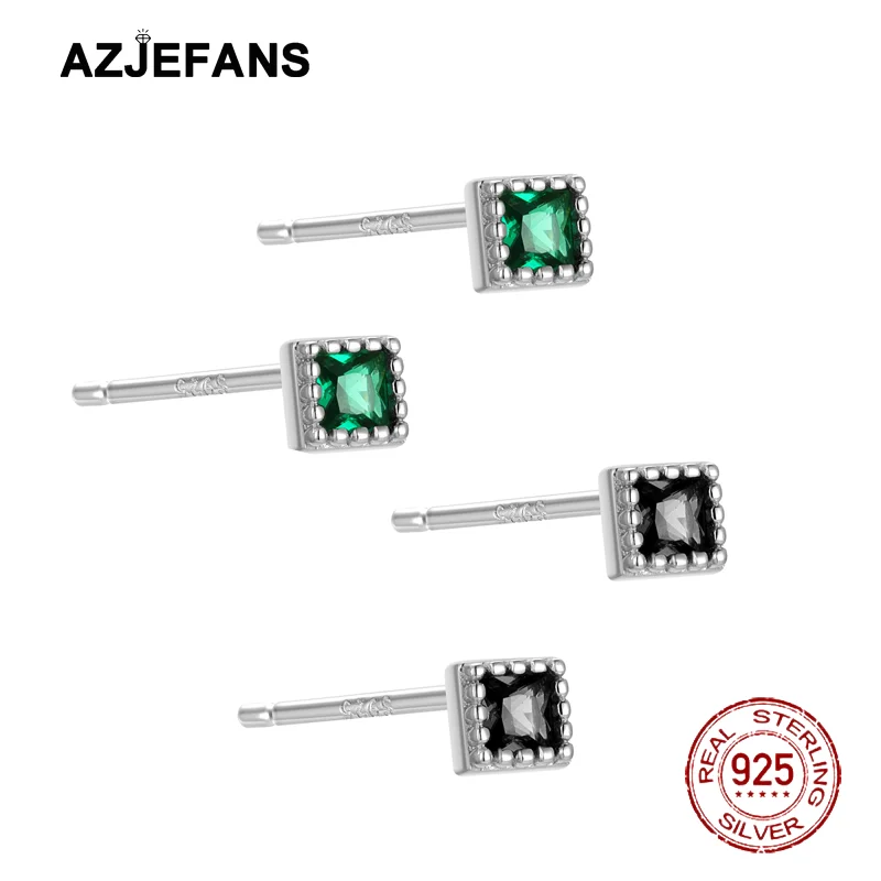 

AZJEFANS 925 Sterling Silver Square Shaped Simple Zircon Stud Earrings Fine Jewelry
