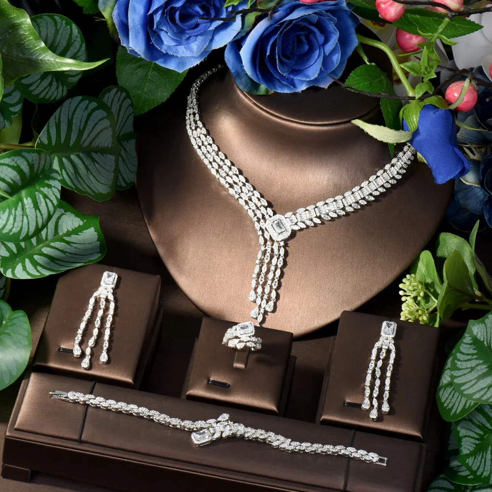 HIBRIDE Luxury Geometric Design Vintage Necklace and Earrings Cubic Zirconia Set New Wedding Party Dress JewelryS-243