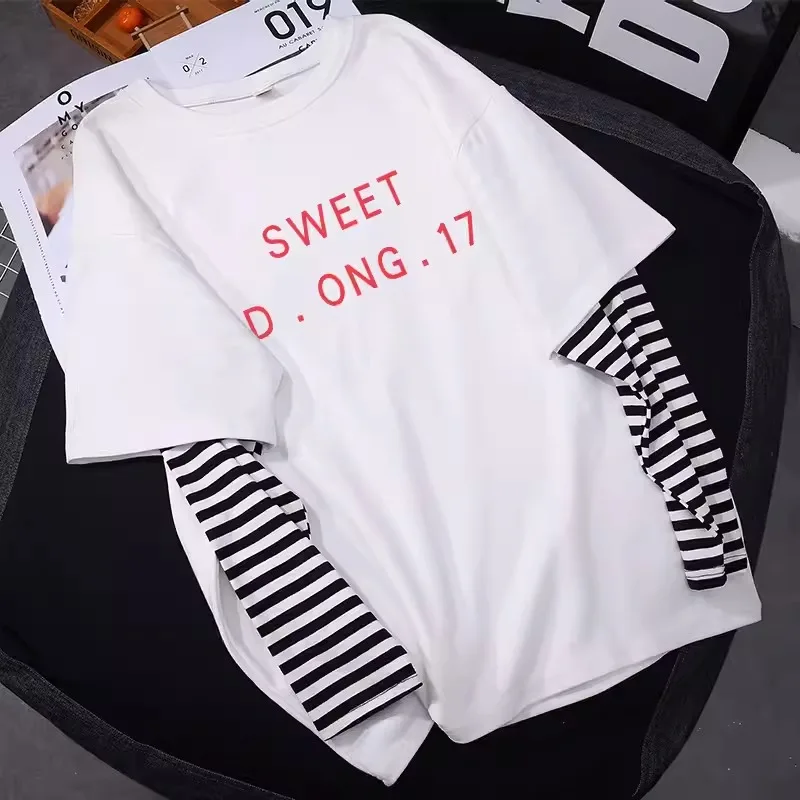 الموضة الكلاسيكية العصرية وهمية قطعتين تي شيرت بأكمام طويلة المرأة 2025 الربيع والخريف نمط جديد فضفاض الكرتون الربط #6